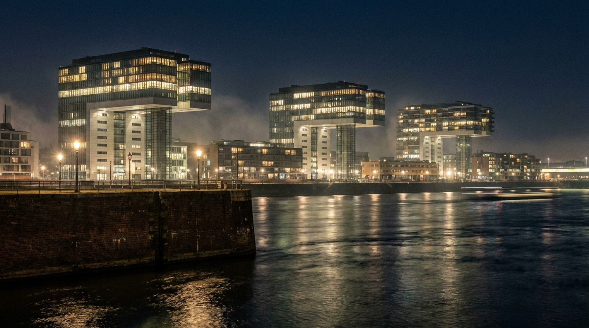 Kölner Rheinauhafen mit den Kranhäusern bei Nacht